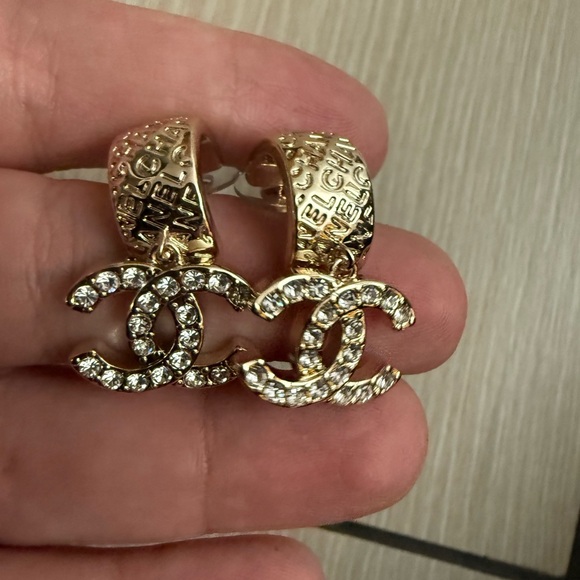 CHANEL Jewelry - Naw upcycled Chanel Gold with rhinestone Crystal Logo Earrings